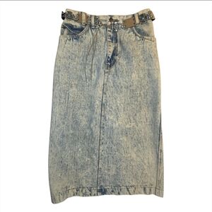 Jordache Whitewash Blue Denim Midi Jean Skirt Vintage 80s with Embellished Belt